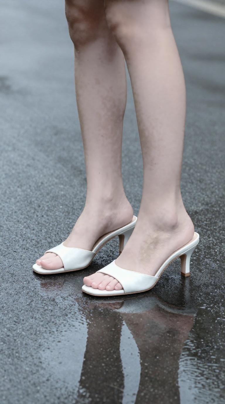 Woman feet in pearl white kitten-heel mules on wet curb with puddle reflection, three-quarter view