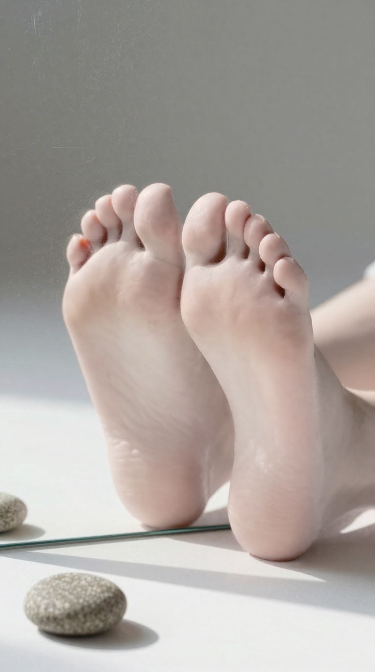 Bare feet with flushed soles pressed against a steamed mirror, diffused daylight, elegant ankles, pebbled stone, white studio backdrop.