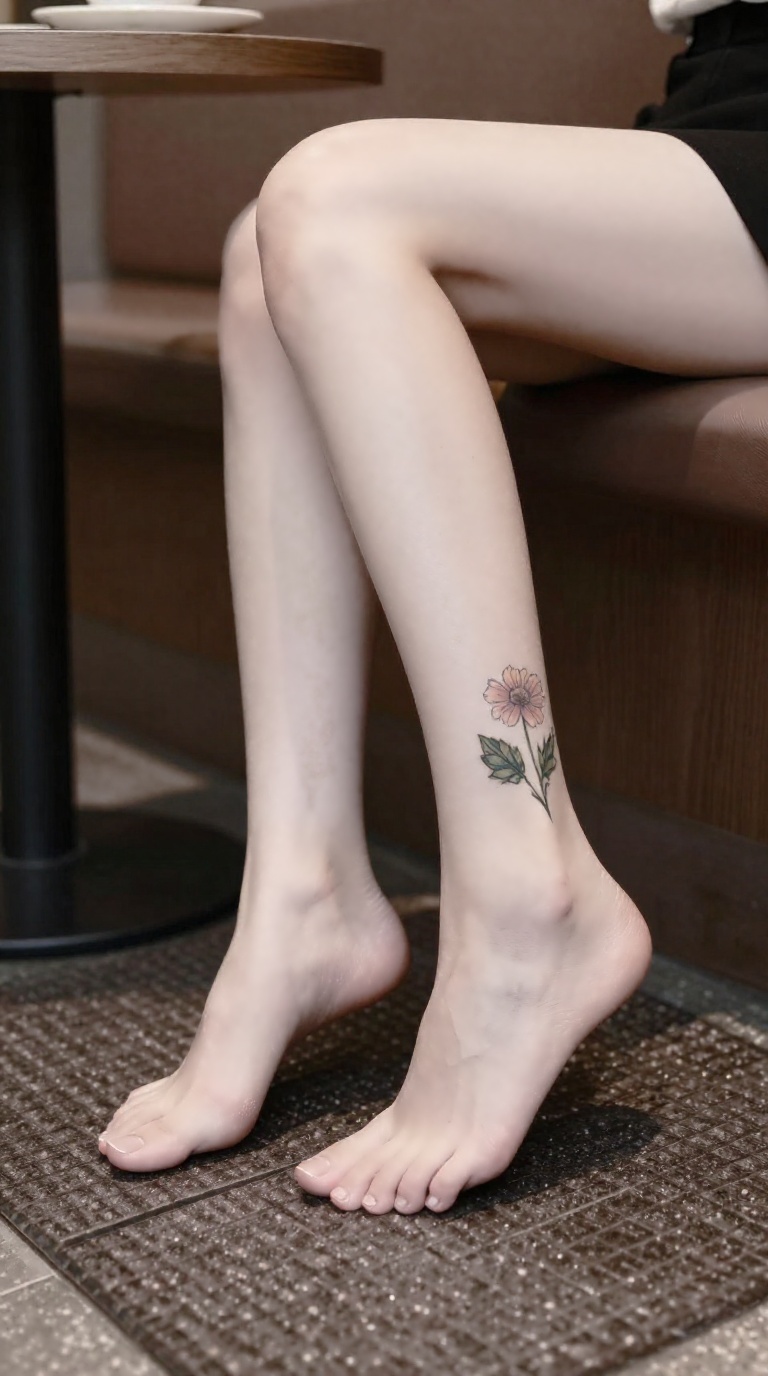 Bare feet with floral ankle tattoo and deep sole wrinkles in Seoul cafe