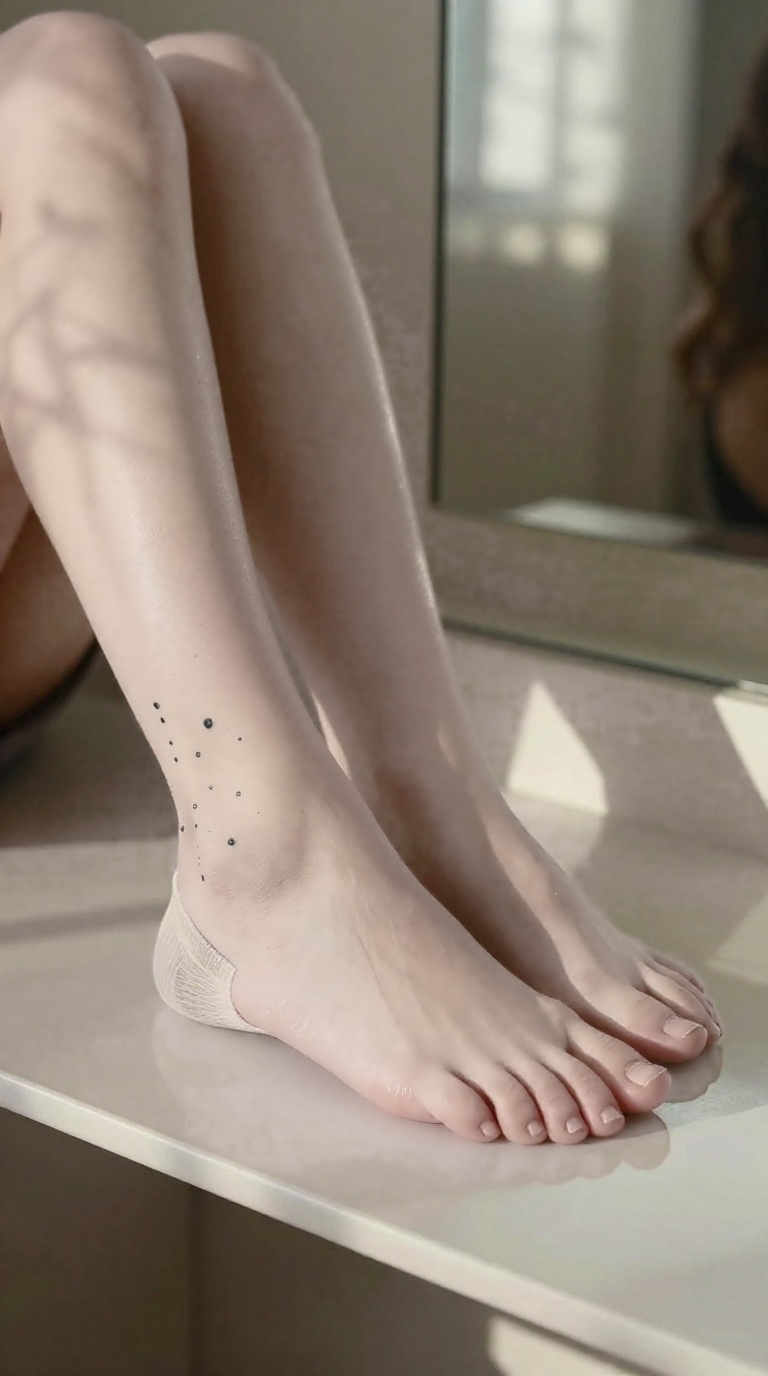 Macro shot of feminine feet in soft socks, balancing on tiptoe, constellation ankle tattoo, dappled shade.