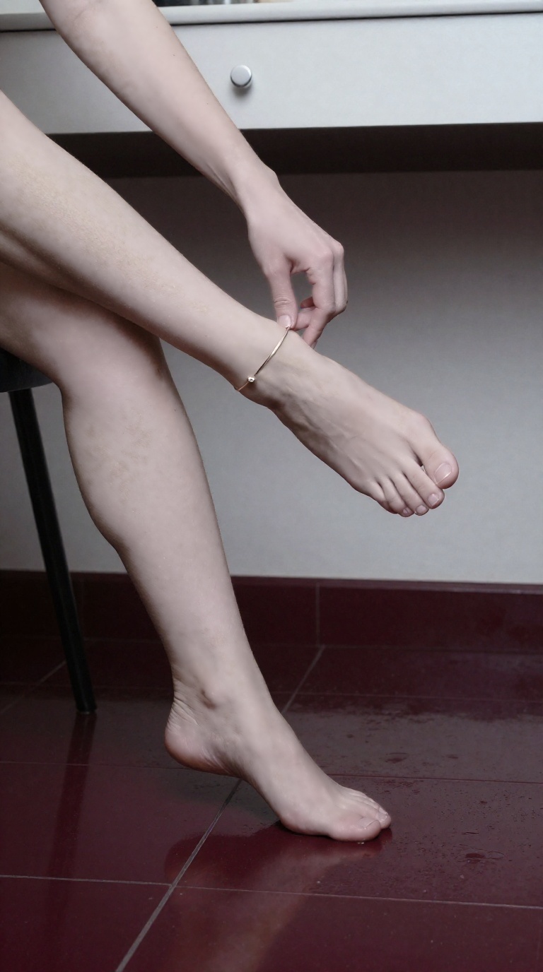 Bare feet with minimalist ankle bracelet, hooking heel on chair edge with toe spread, wet tile reflections and burgundy gel light. No socks or shoes.