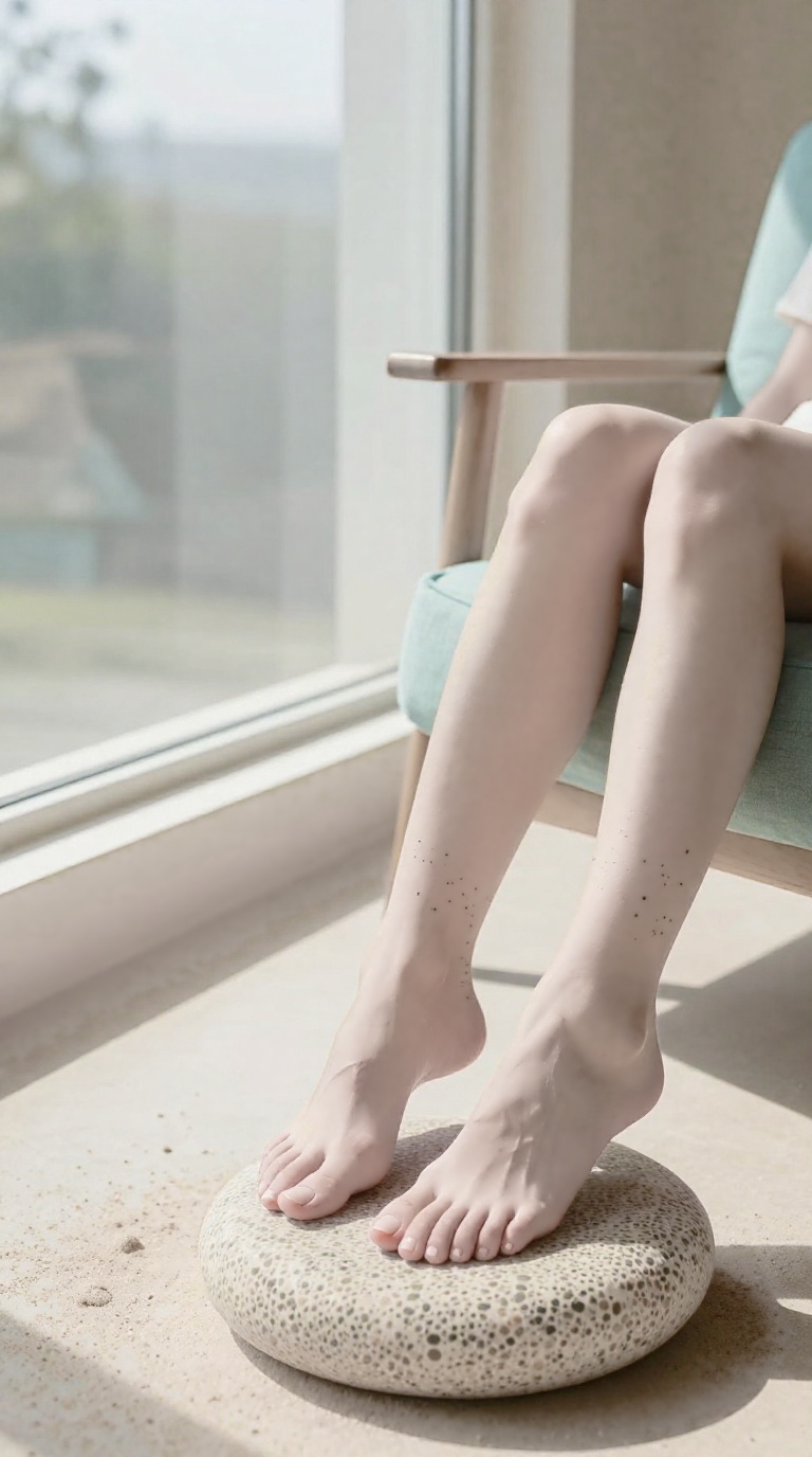Bare feet resting on pebbled stone, one arch flexing, ankle tattoo, warm seafoam and sand tones, side-window reflection