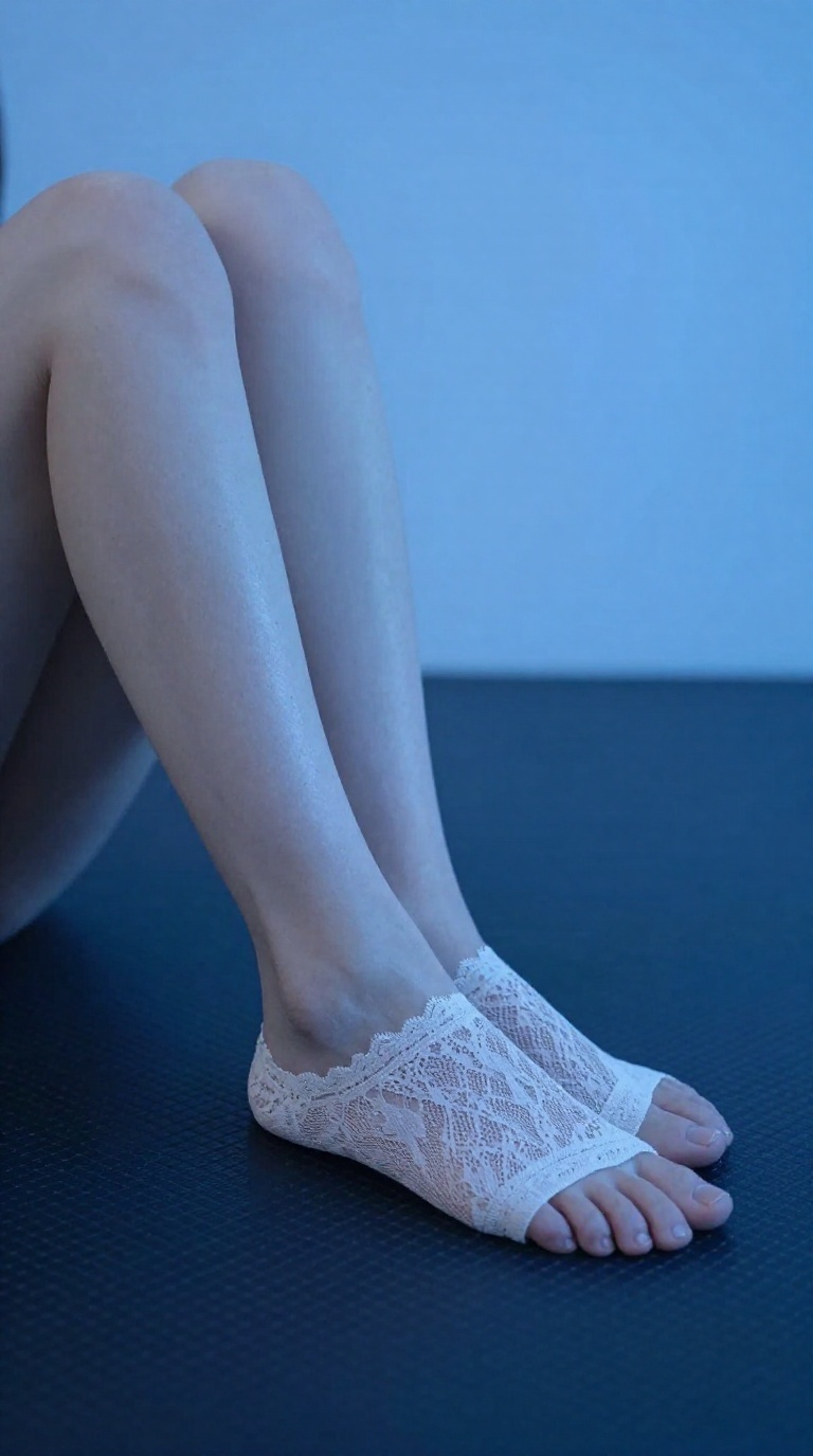 Woman's foot in lace socks crossing ankle on rubber mat in blue ambient light