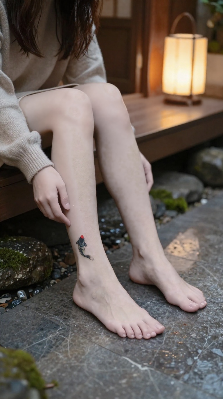 Woman's bare feet with small koi outline ankle tattoo tracing circles on polished marble floor on wooden engawa at rainy night, warm tungsten lighting