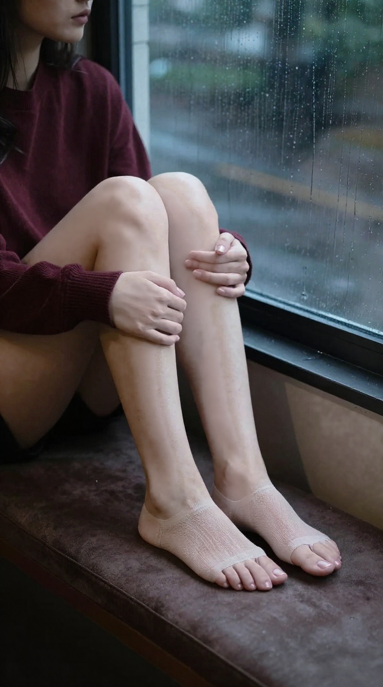 Young woman's feet with clean nails resting on cool glass window, mesh ankle sock visible, suede seat, rainy nook