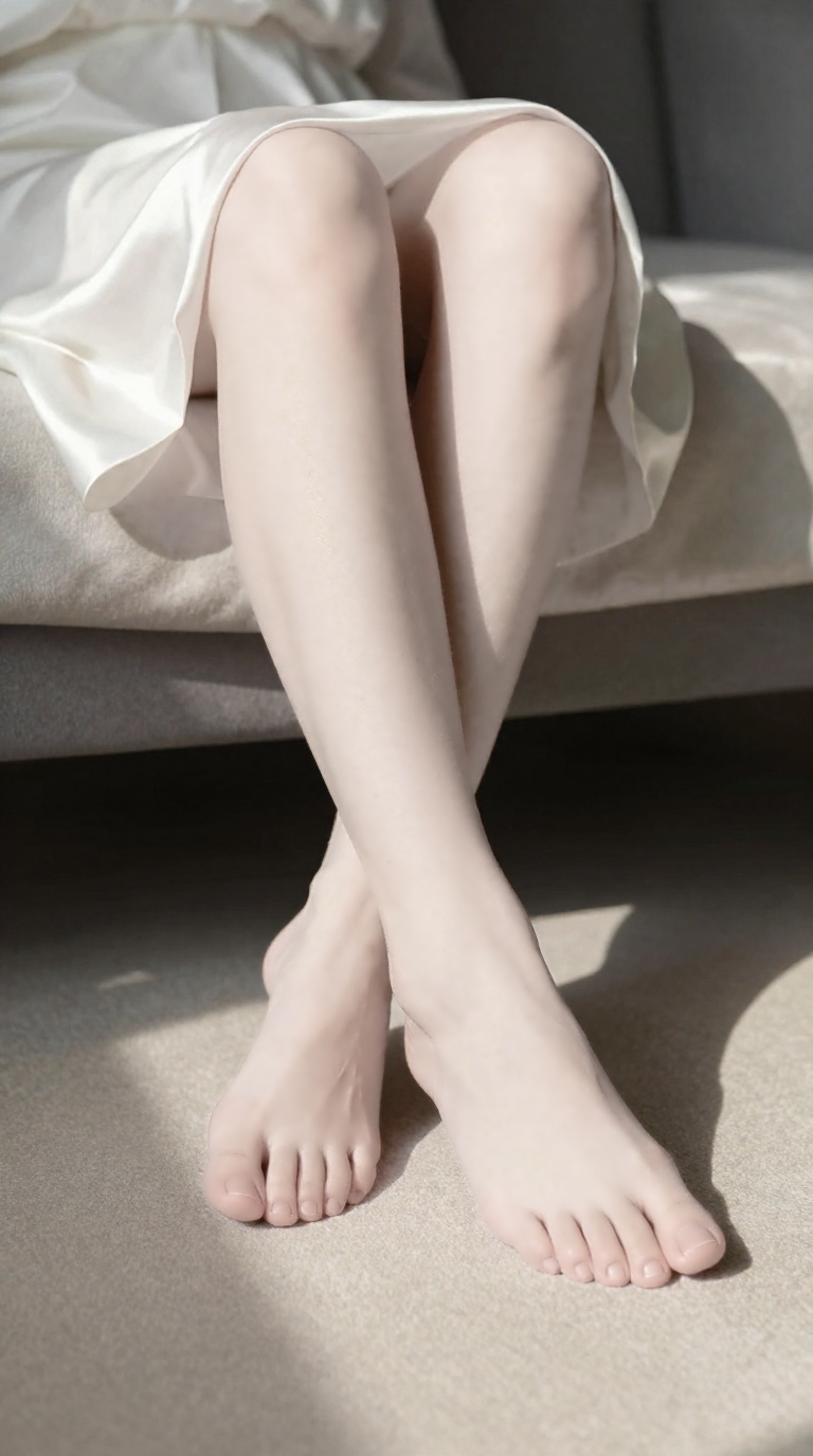 Bare feet with visible toes and arches crossed on passenger seat floor mat