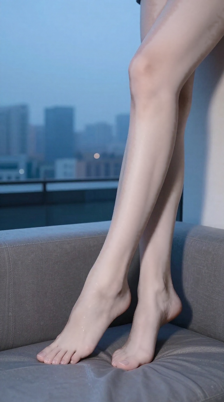 Bare feet sliding down a cold wall on a rooftop lounge sofa at dusk with damp wrinkled silk sheets and blue-hour city haze.