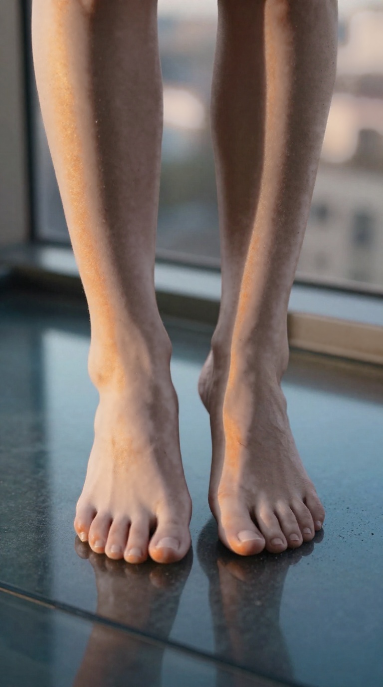 Bare feet with dusty soles on cool glass balcony, golden hour light, one foot touching ankle, dreamy softness.