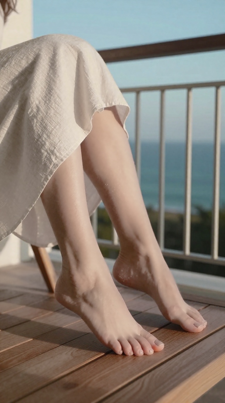 Woman balancing on tiptoes on balcony at dusk, bare feet with dusty soles and arches, natural nails, warm rosy glow.