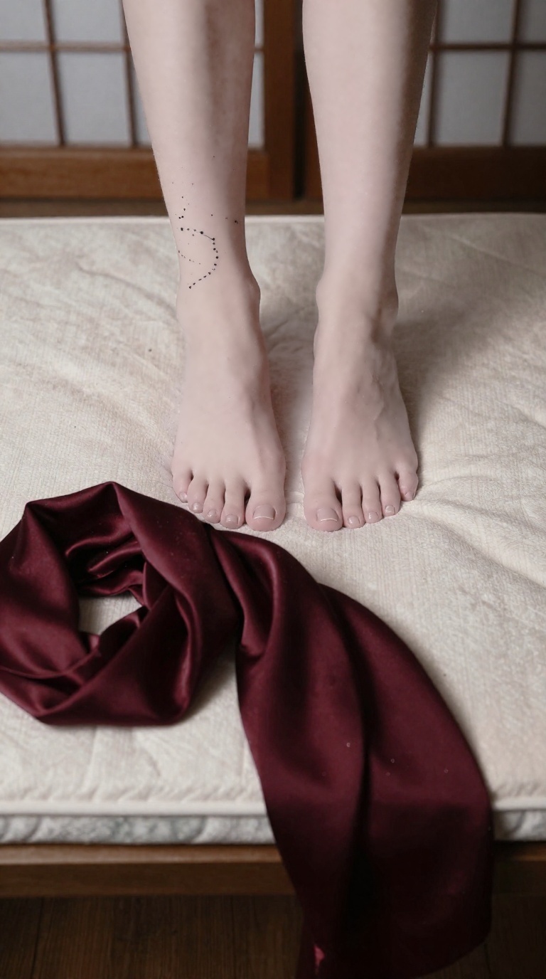 Bare feet on mattress edge, toes spread, ankle tattoo, shoji window light, burgundy scarf folds