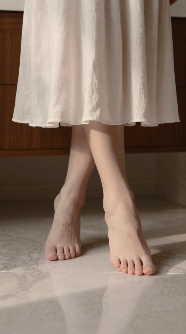 Bare feet with high arches and lifted heels on marble floor beside ivory skirt hem in warm low-key light