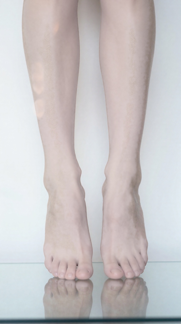 Bare feet with dusty soles and visible toes, sliding down a white wall with soft rim lighting and lens flare haze.