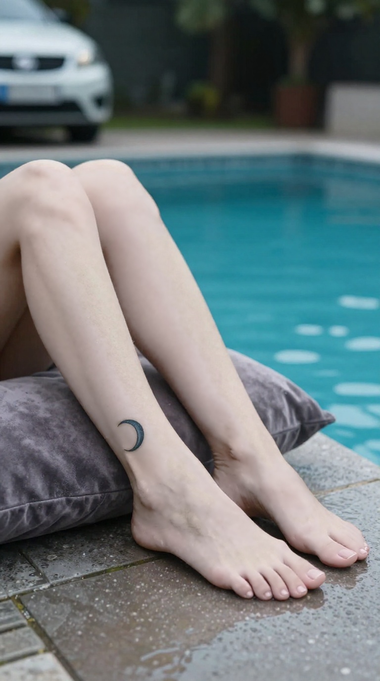 Bare feet with crescent moon ankle tattoo on velvet pillow by pool, soft daylight through car glass