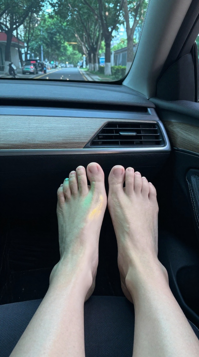 Bare feet gripping mattress edge in parked car with emerald gold colored gel light wrinkled soles brushed suede seat tree-lined street
