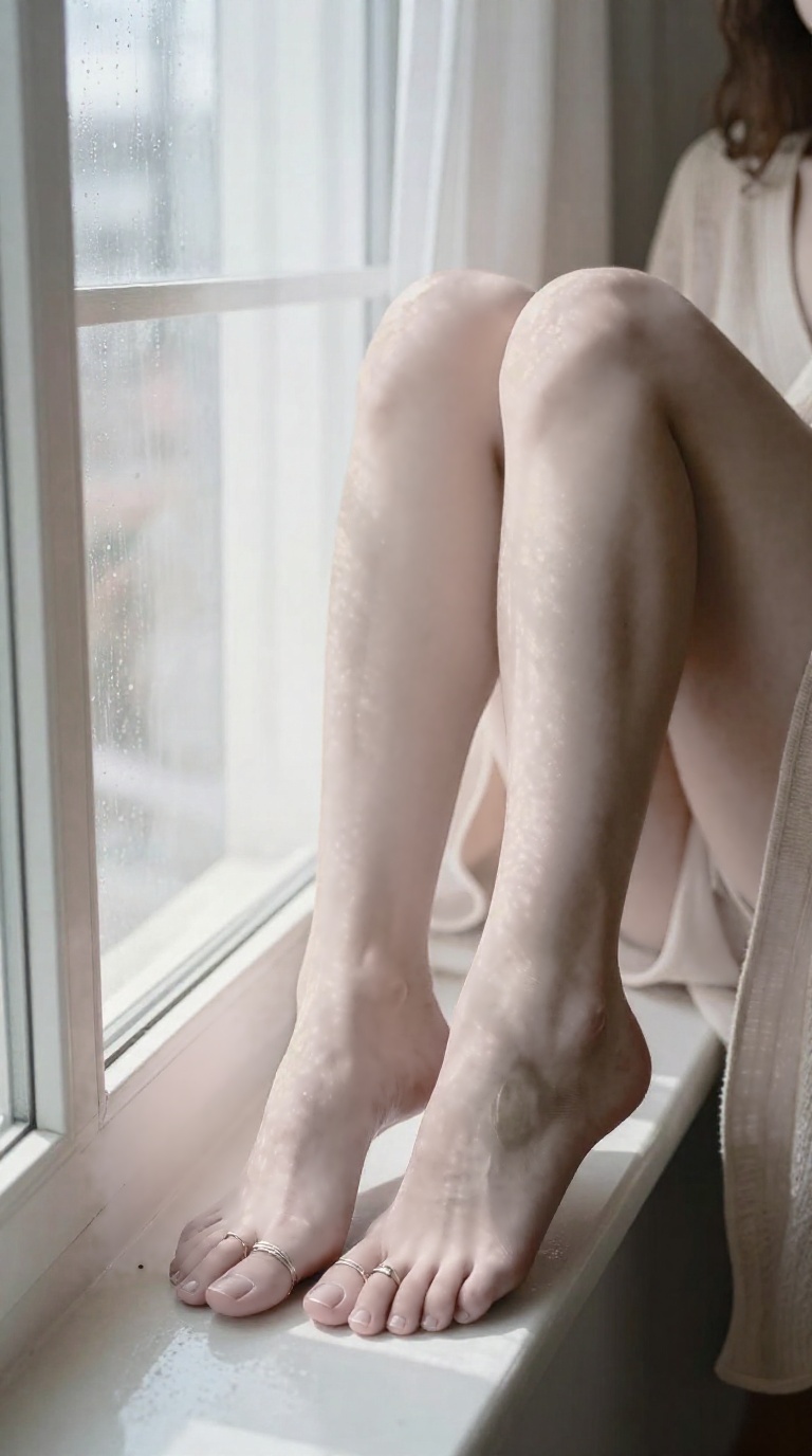 A woman sits by a bedroom window with white curtains, her ankles crossed in a relaxed pointed-foot pose. The tight crop focuses on the