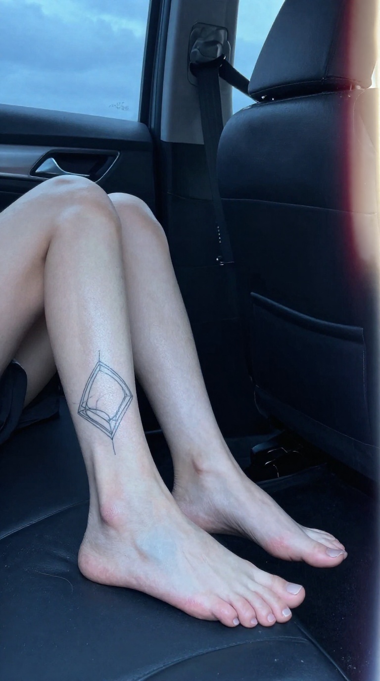 Bare feet of a woman in back seat car, cool light, geometric tattoo along outer foot, oil on instep, arches and toes visible, photorealistic feminine feet