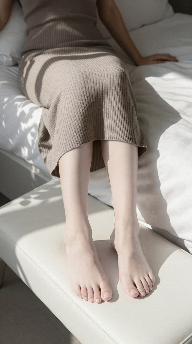 Bare feet of a woman with slender toes on a back seat bench, top-down shot with dappled shade and muted earth tones in a luxury bedroom