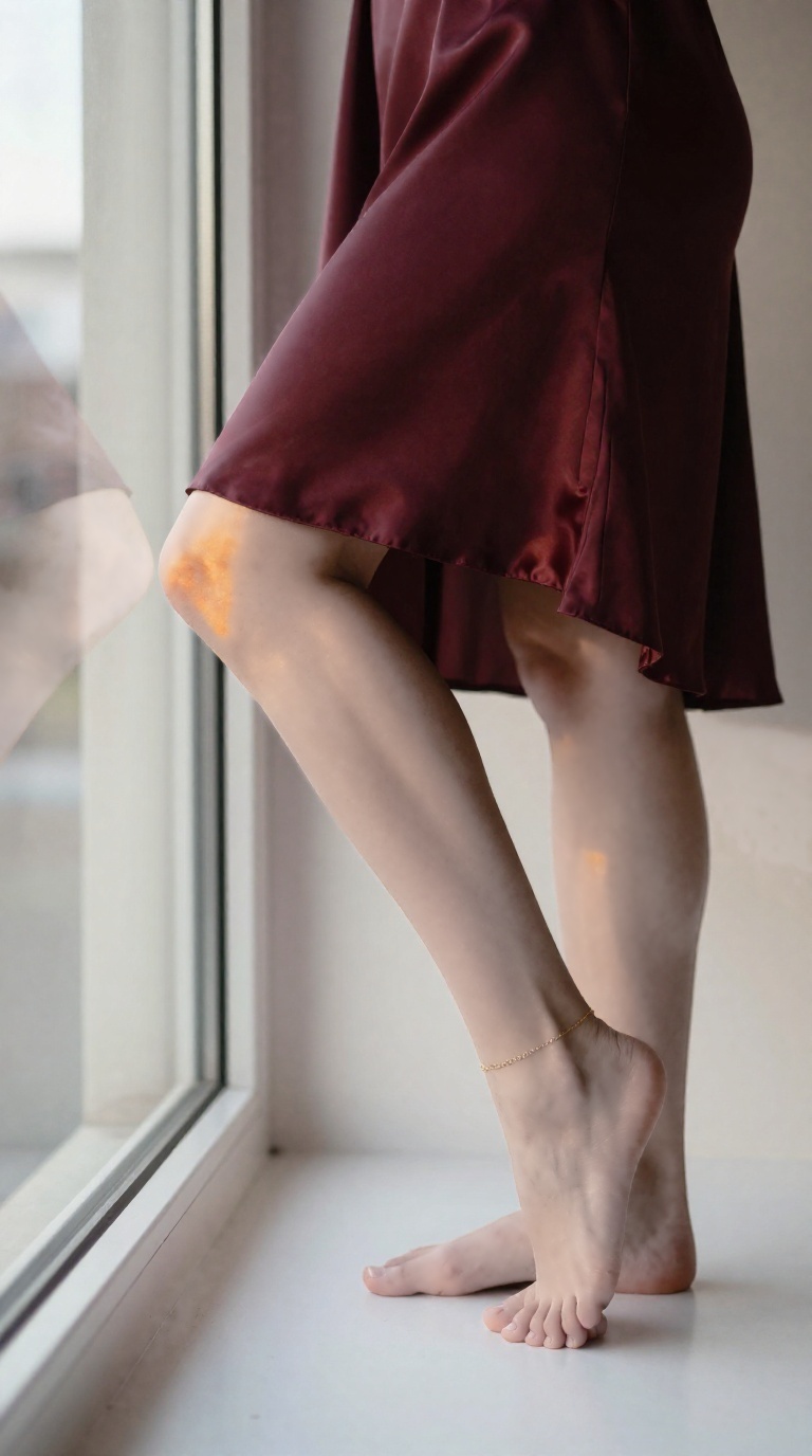 Woman's bare feet with curled toes and golden anklet pressed against glass window, side reflection view