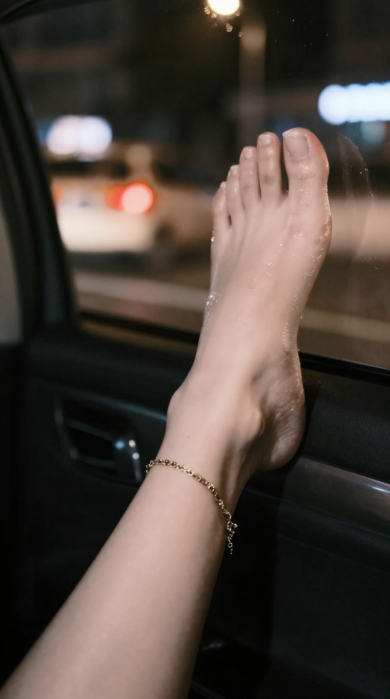 Woman's feet with gold ankle charm in taxi, oil on instep, city lights bokeh, editorial crop from mid-calf.