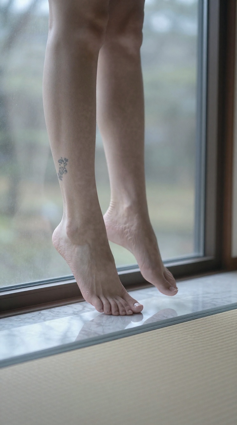 Bare feet with botanical tattoo and visible veins resting on tatami mat against window with overcast side light and lens flare
