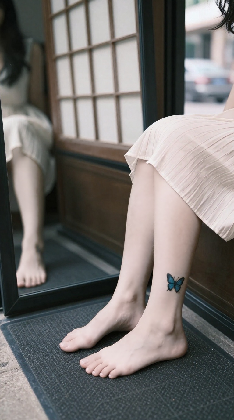 Woman's bare feet on textured rubber mat with butterfly tattoo, reflected in mirror under shoji light.