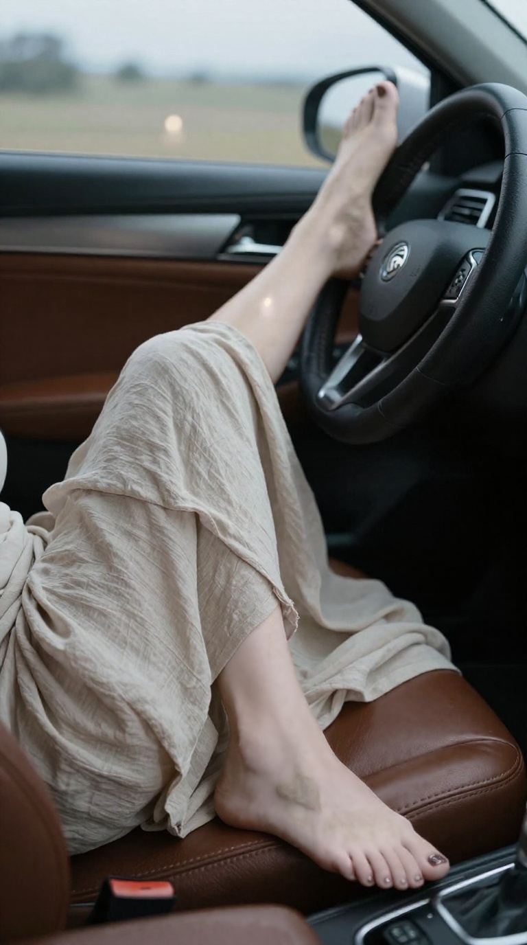 Close-up of bare feet with glitter pedicure stretching in car passenger seat, soft window light and candlelit ambiance, linen skirt and leather upholstery.