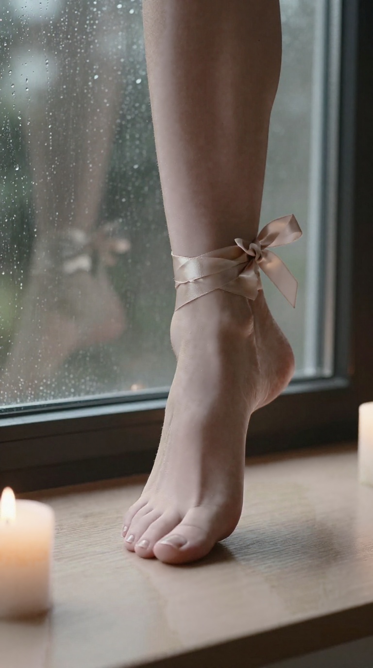 Foot sole pressed against rainy car window with silk ribbon and candlelight