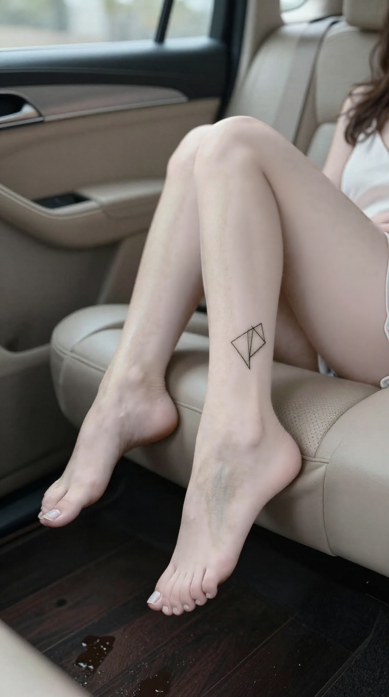 Bare feet with geometric tattoo on outer foot, toes curling on taupe leather car seat, damp footprints fading on dark wood floor in overcast light