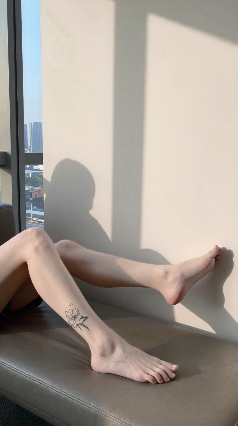 Elegant woman's feet on sofa with temporary ankle tattoo and veins visible in midday sunlight through tinted glass.