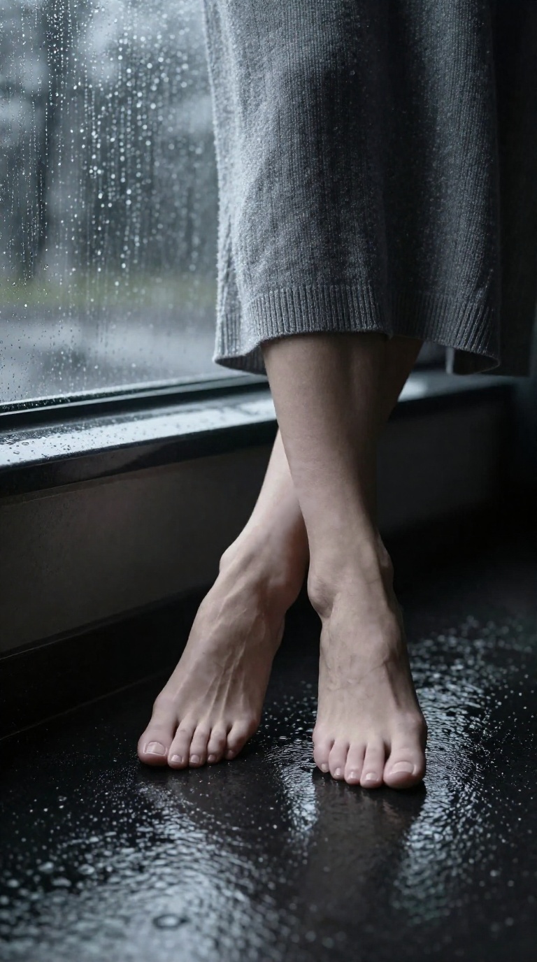 Woman bare feet with toes curling on wet pavement corner, monochrome lens flare edge soft condensation, knit dress hem visible, cinematic tension