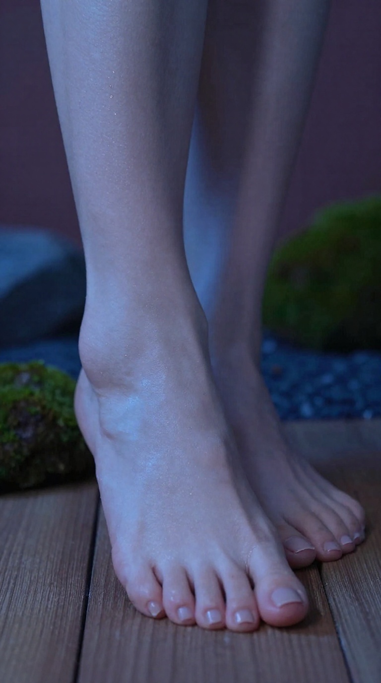 Bare feet with translucent oil on instep, matte nude pedicure, wooden engawa, moss stones, blue-hour light, toes visible arches unobstructed