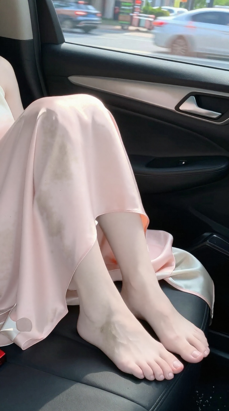 Woman's bare feet with unobstructed toes and arch in car back seat with pastel peach and ivory, silk scarf folds.