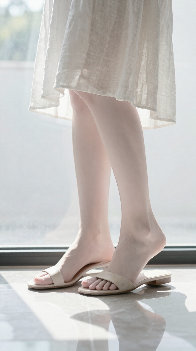 Elegant feminine feet in minimal leather slides with white linen sundress hem on cool window glass in dappled shade