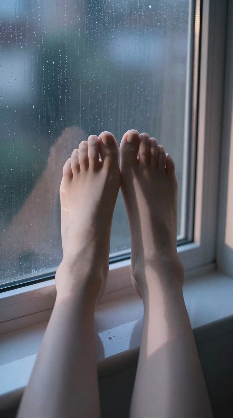 Woman's feet in sheer pantyhose with soles against rain-streaked window, matte acrylic surface, cinematic lighting and soft sunset reflection.