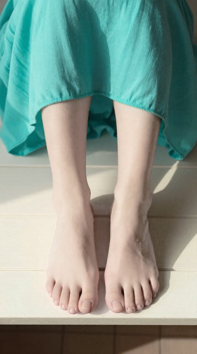 Bare feet on bench top-down defined tendon lines seafoam and warm sand tones product-catalog clarity soft pleated dress fabric ankles tucked beneath a long skirt
