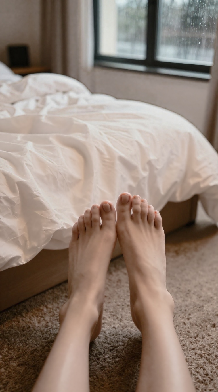 Worm's-eye view on carpeted floor near desk, bare feet with instep tattoo, toes curling exhausted on messy sheets in grey daylight where rain-wet pavement reflection and warm amber ivory tones create intimate calm of