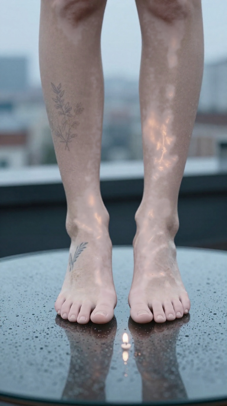 Bare feet soles flat on glass surface with rain droplets, botanical tattoo, candle highlights, rooftop terrace background