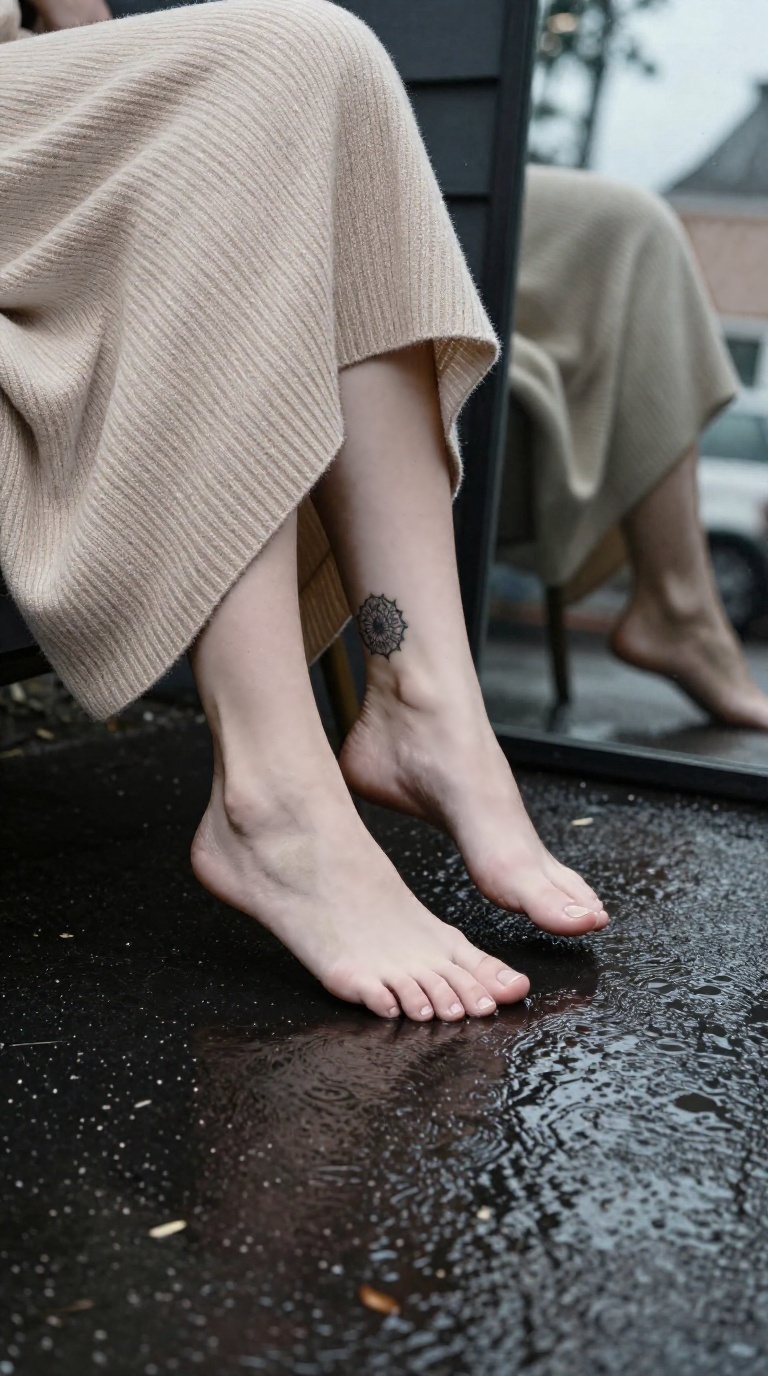 Bare feet with visible toes and arches on street curb with puddle reflections, mandala ankle tattoo, ribbed knit cashmere drape, rainy night mood.
