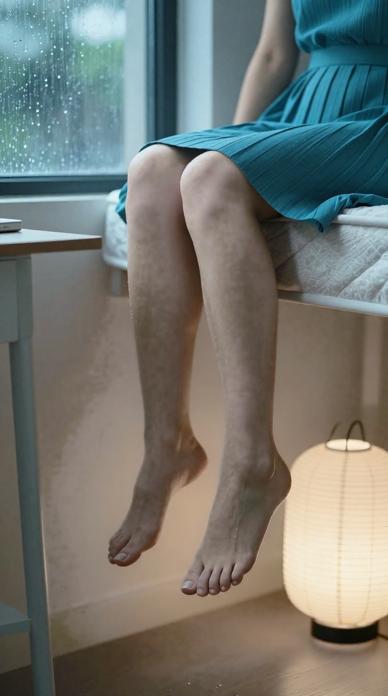 Woman's bare feet gripping mattress edge, viewed from below desk with rain and warm amber teal lighting, over-the-knee perspective, soft pleated dress hem visible.