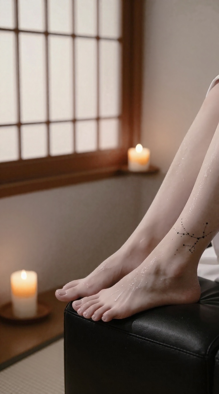 Woman's bare feet on leather armrest, glistening soles, constellation ankle tattoo, diffused light from shoji window and candlelit spa corner after sunset.