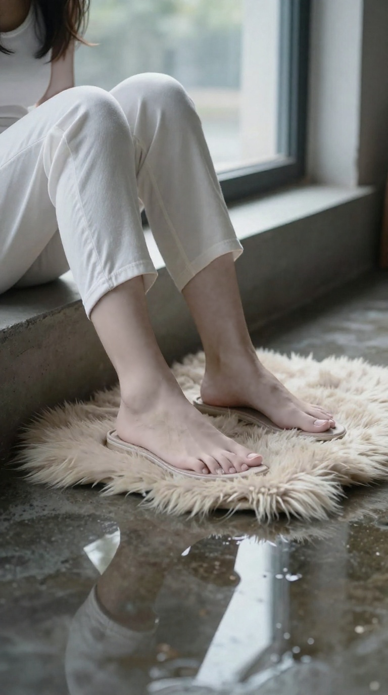 Woman's feet in open-toe mules on faux fur rug, arched tendons visible, window reflection in puddle.