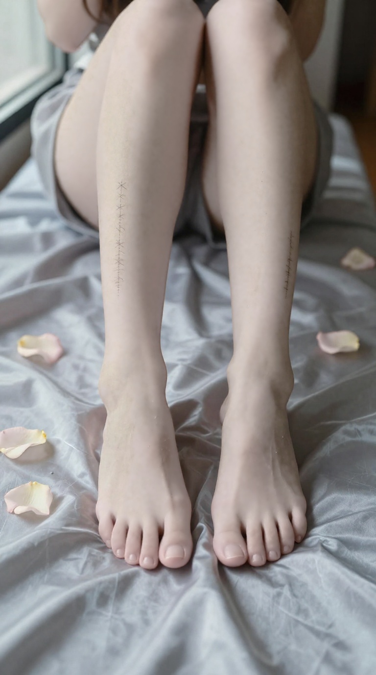 Bare feet crushing rose petals on damp silk sheets with ankle tattoo and wrinkled soles in smoky grey tones