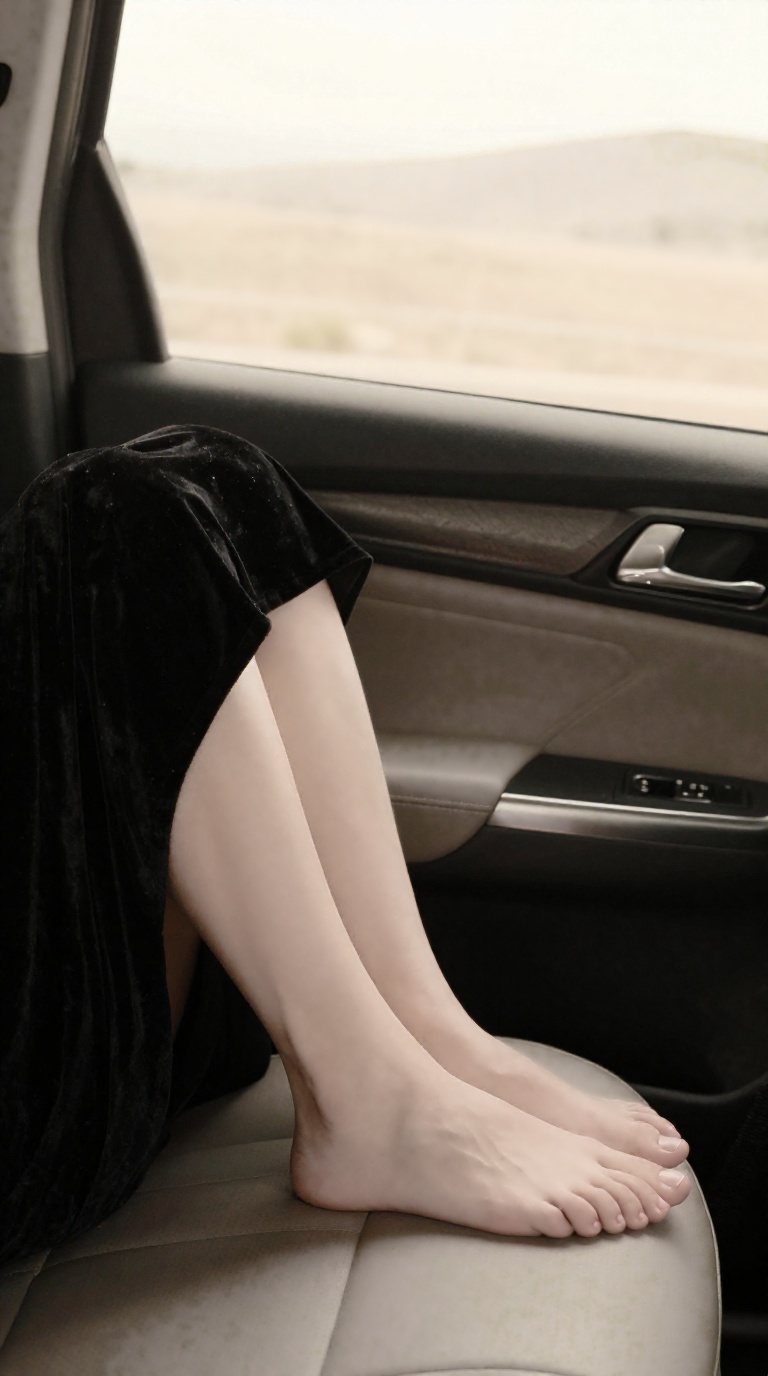 Feminine feet in relaxed pointed-foot pose on passenger seat at scenic overlook, warm amber and ivory tones, black velvet dress hem, window caustic patterns