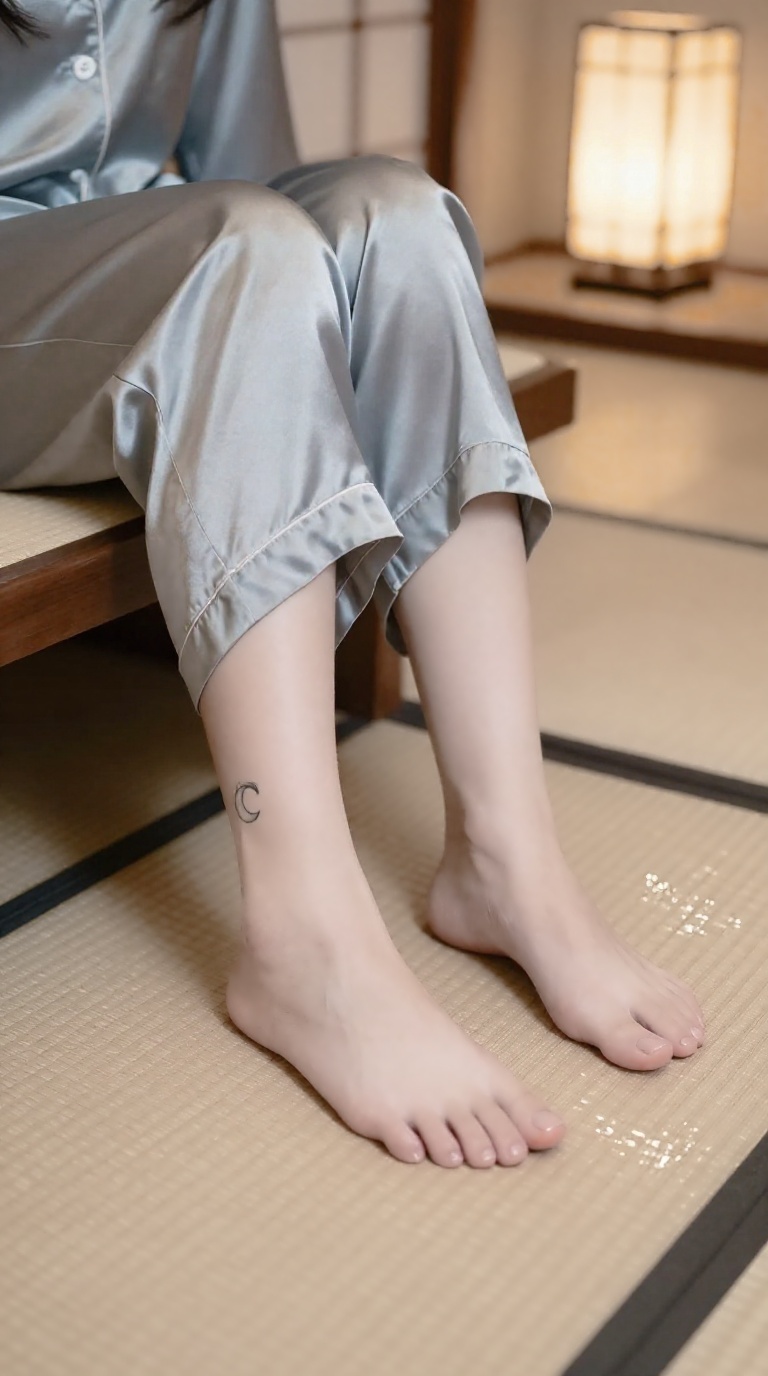 Woman's bare feet tracing circles on wet tile in Kyoto-style lounge with over-the-knee view, showing delicate toes, arches, and moon tattoo